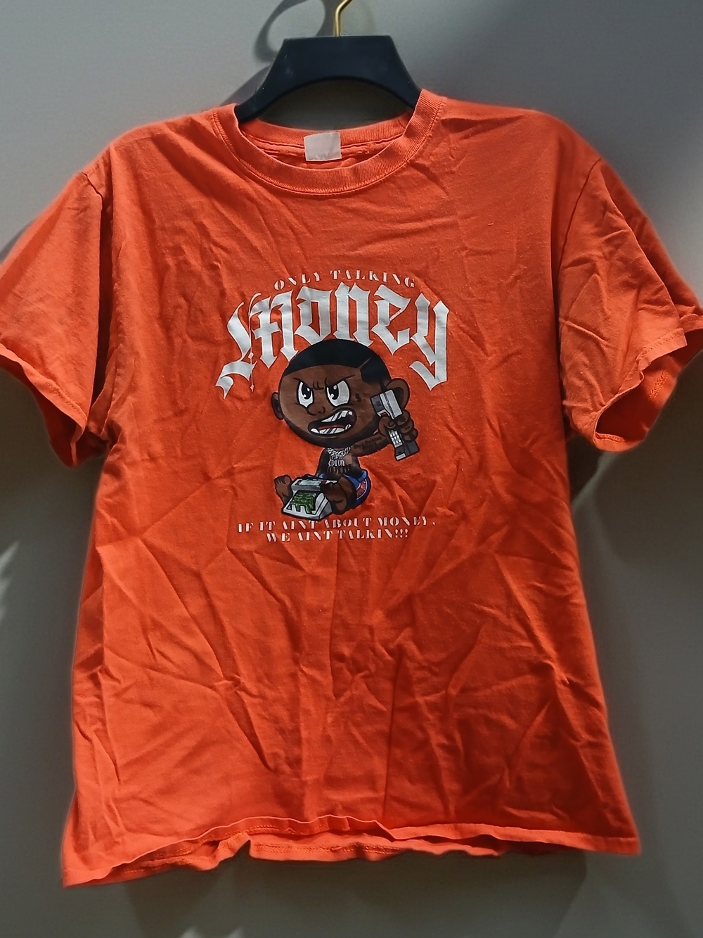 Orange Graphic Tee - 'Money' Cartoon Design